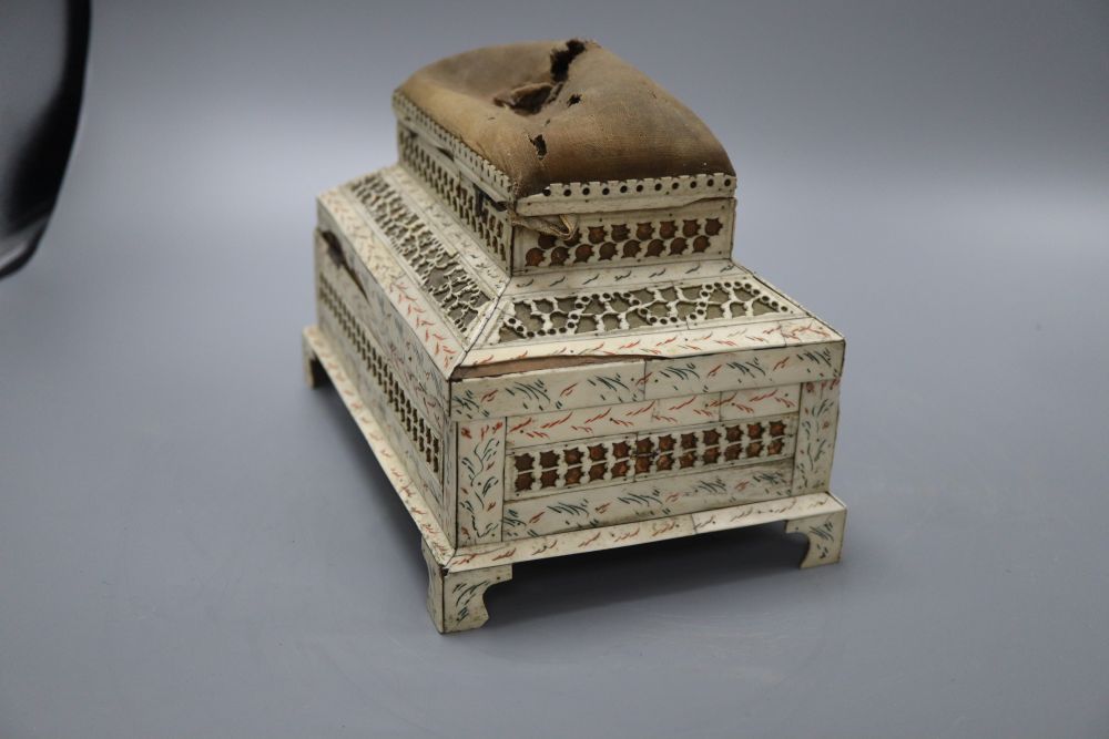 A bone overlaid Prisoner of War sewing box, length 24cm
